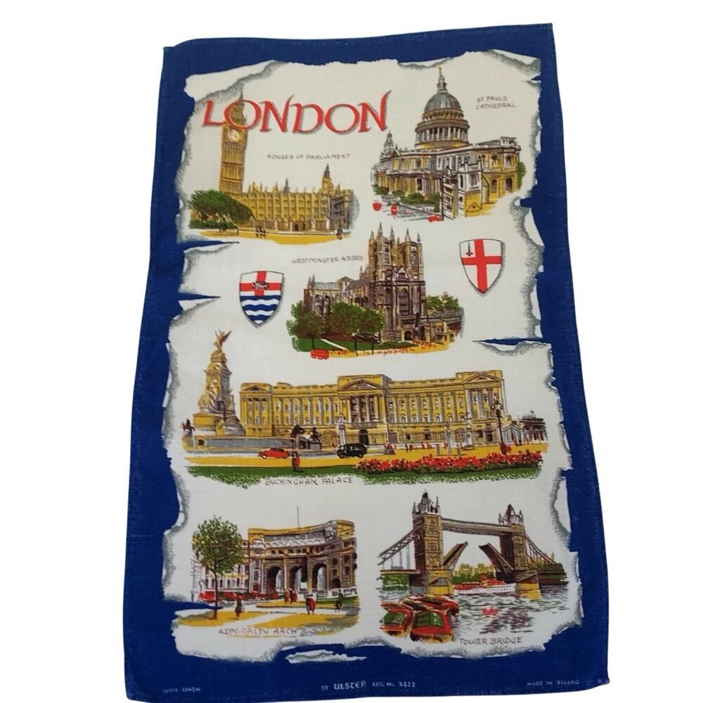 Tea Towel, Vintage Ulster Linen Kitchen Towel with London Landmarks